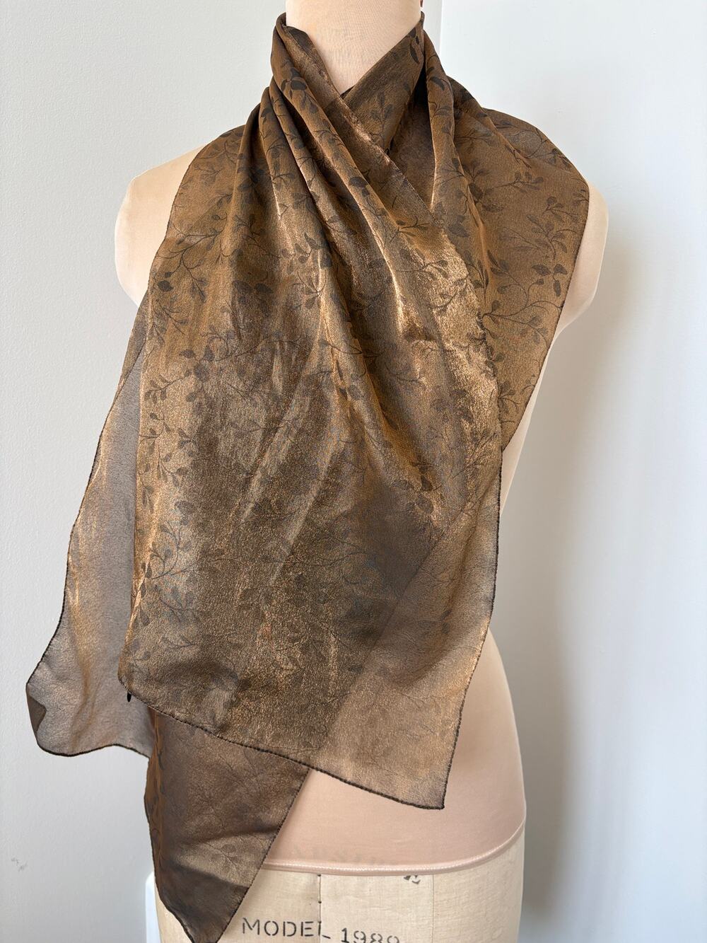 Sheer Metallic Botanical Print Neck Scarf Gold Brown Tuscan Mom Made Italy